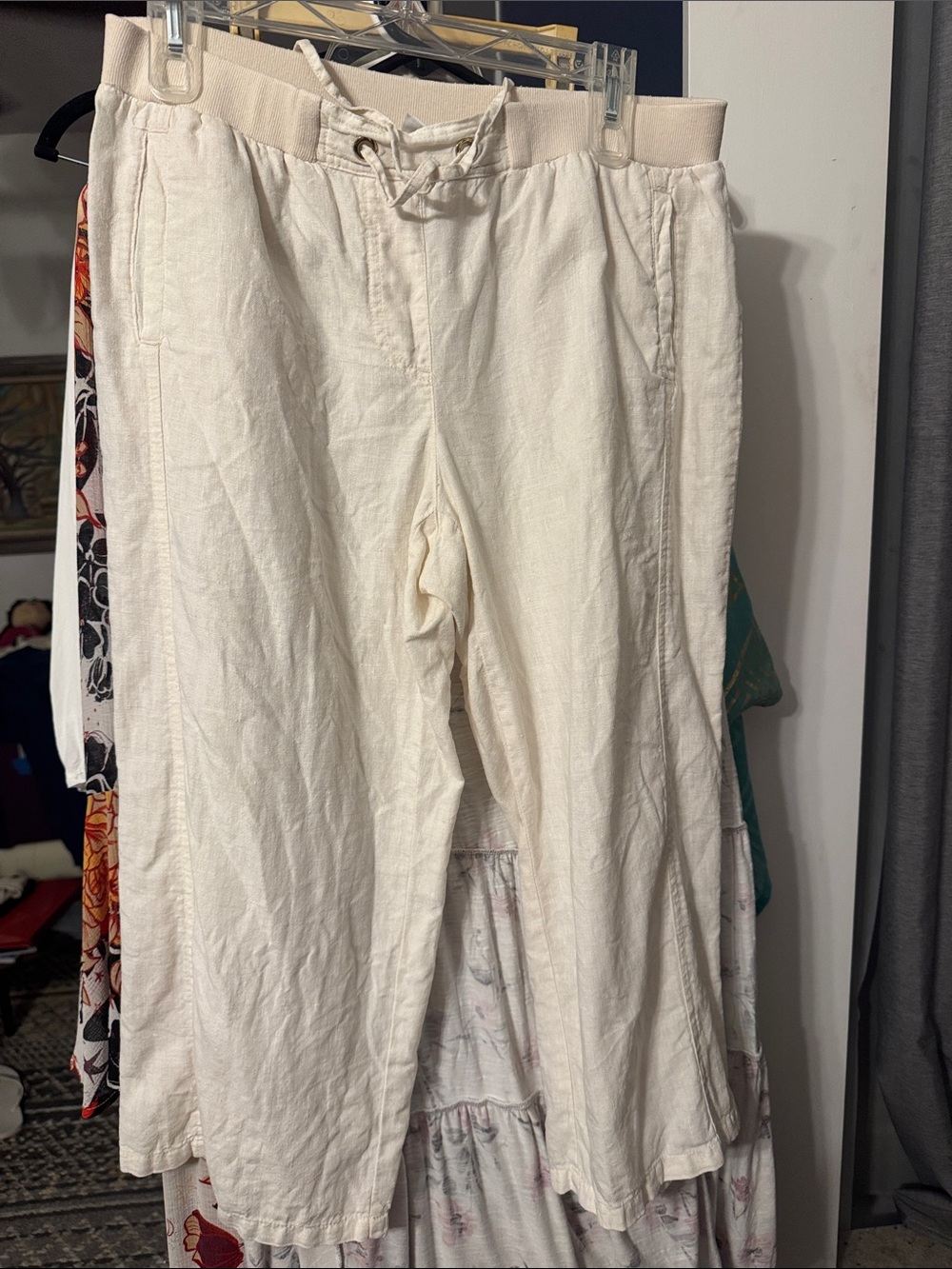 JM Collection Cream Drawstring Linen-Style cropped pants for women